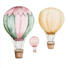 Obraz premium Vintage watercolor hot air balloons in pastel colors, perfect for whimsical designs and children's illustrations. 