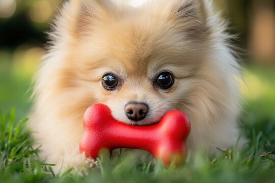 Playful Pomeranian interacting with red toy in natural light