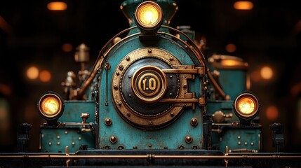 Close-up of a vintage teal steam locomotive's front.