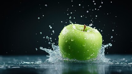 An energizing image of a solitary green apple making a splash with surrounding water droplets, capturing the essence of freshness and crispness.