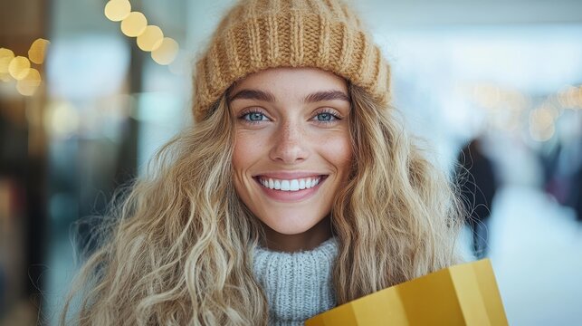 A cheerful young woman, smiling brightly in a woolly hat while holding holiday shopping bags, embodies the festive spirit amid a bustling winter shopping environment.