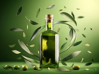 Olive oil bottle with leaves, green background