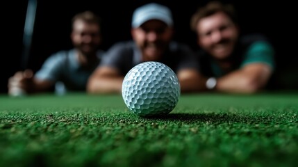 A close-up of a golf ball with three blurred players in the background, representing camaraderie, teamwork, and the shared focus within the sport of golf.
