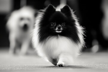 Fototapeta premium Dynamic black and white Pomeranian in a formal dog show