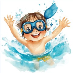 Naklejka premium Watercolor illustration clipart of a smiling child wearing goggles and swimming fins, splashing in the water, Digital clipart watercolor aesthetic, isolated on white background.