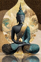 Serene Buddha statue in ornate gold and teal