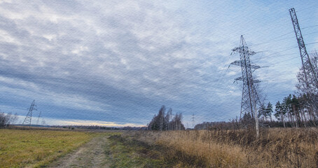 Field with a few trees and a road in the middle