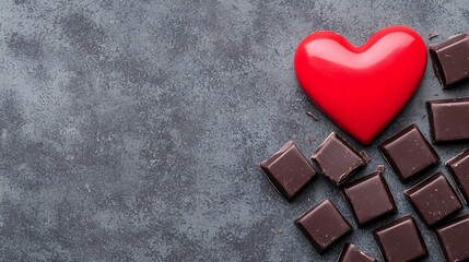 Obraz premium Valentine's Day Romantic Dark Chocolate Red Heart on Gray Background