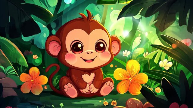 Cute cartoon monkey sitting among colorful flowers in a vibrant jungle setting during the daytime