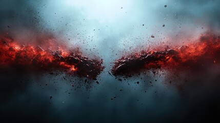 A striking visual of red debris colliding energetically against a serene blue mist, encapsulating a dynamic clash of vibrant colors and energetic forces.