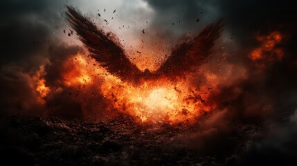 Amidst a fiery explosion, a winged figure emerges heroically against dark clouds, unveiling an intense and mythical moment of dramatic, fiery revelation.