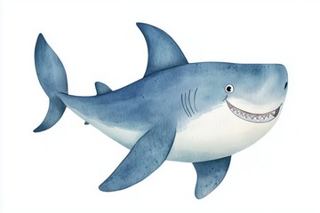 Fototapeta premium Watercolor illustration of cheerful shark with friendly smile, perfect for kids decor 