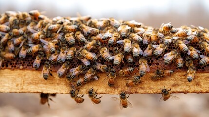 A vibrant shot of a cluster of bees populating a honeycomb frame, highlighting their collective activity and the natural light enhancing the scene&rsquo;s energy.