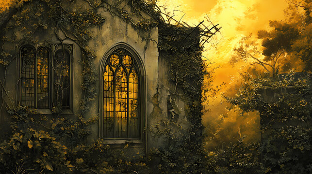 A forgotten facade, overgrown with verdant vines, bathed in the warm glow of a golden sunset, whispers tales of a bygone era. Verdantine. Illustration