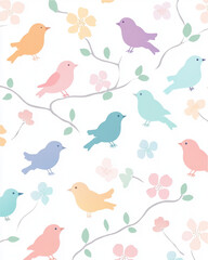 Minimalist springthemed flat wallpaper design with birds and flowers