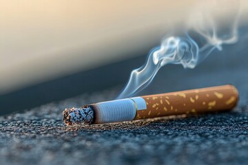 Cigarette smoldering on a surface as smoke rises in the early morning light