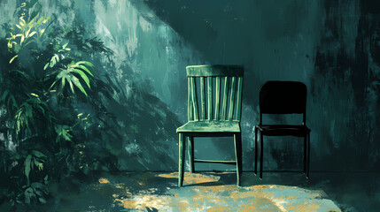 A green chair rests atop a verdant floor beside a chair with a dark seat. Verdantine. Illustration