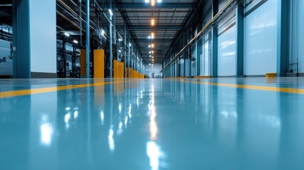 A spacious and modern warehouse interior showcasing bright blue reflective flooring, with structural beams and piping set against a backdrop of high ceilings and illuminated lights.