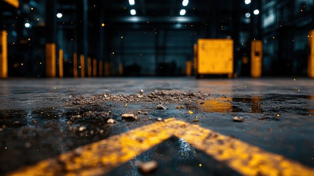 A gritty warehouse floor with scattered debris surrounded by glowing embers, illuminated by industrial lighting, creating an atmospheric scene.
