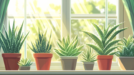 A group of aloe vera plants growing in a sunny window with bright light, group, plant, verdant. Verdantine. Illustration