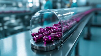 A collection of shiny purple capsules traveling through a clear cylindrical tube, part of a sophisticated pharmaceutical manufacturing process in an advanced lab setting.