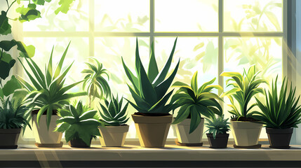 A group of aloe vera plants growing in a sunny window with bright light, group, plant, verdant. Verdantine. Illustration