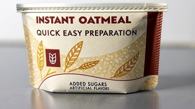 Image of Instant Oatmeal Packet A closeup of an instant oatmeal packet with bold claims of convenience but small print revealing added sugars and artificial flavors.