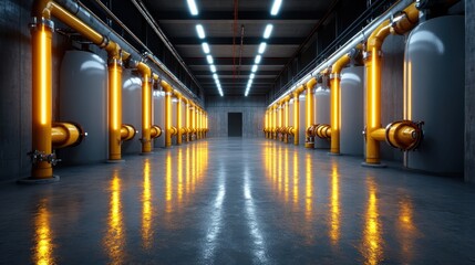 Fototapeta premium The image depicts a corridor with a line of tall industrial columns, connected with glowing orange pipes. A stark reflection highlights the symmetrical design.