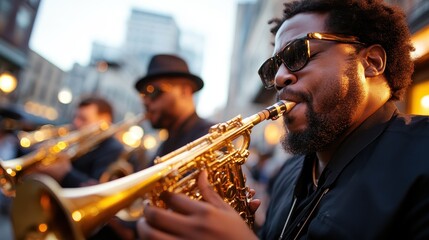 Obraz premium A saxophonist deeply absorbed in his music, performing on a busy street alongside fellow musicians. His focus and passion bring the lively scene to life.