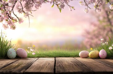 A serene landscape with pastel Easter eggs, cherry blossoms, and golden sunlight creates a joyful atmosphere for Easter celebrations, inspiring playful gatherings with family and friends