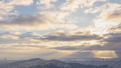 Cloudy sky with a sun shining through the clouds