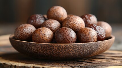 Obraz premium Close-up of round, brown fruits in a wooden bowl.