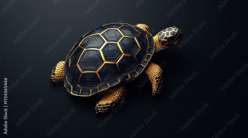 Poster a stylized turtle with a hexagonal pattern and golden accents on a dark background.