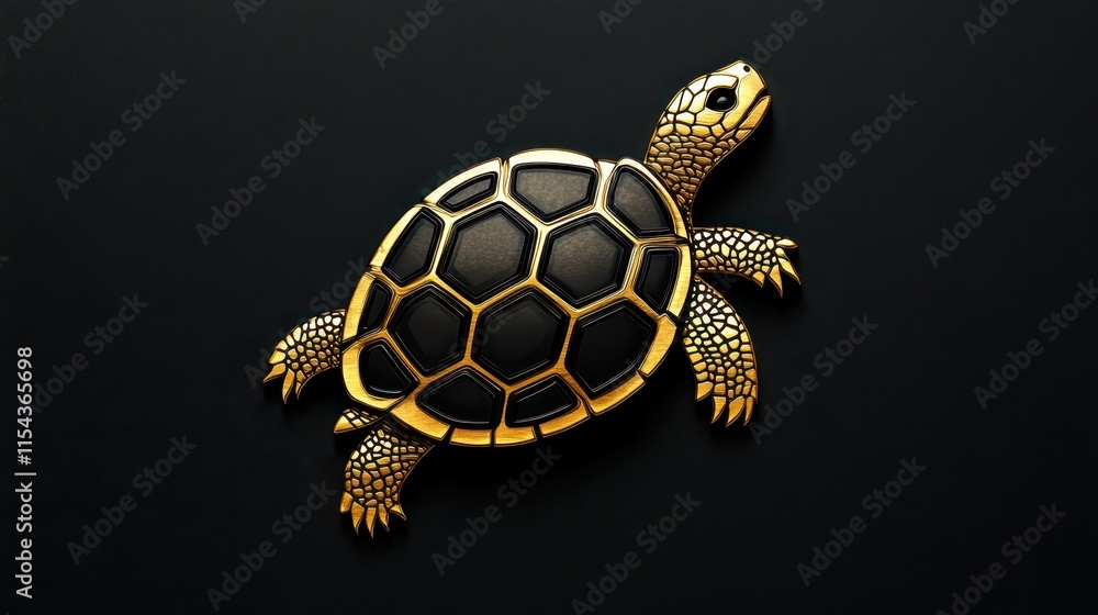Poster a stylized golden turtle with a black shell on a dark background.