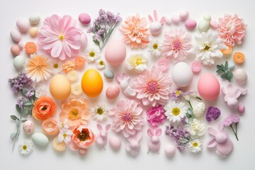 Spring celebration featuring pastel flowers and decorative eggs arranged on a light background