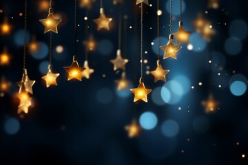 Obraz premium Elegant christmas and new year banner featuring gold stars and shimmering bokeh on dark blue