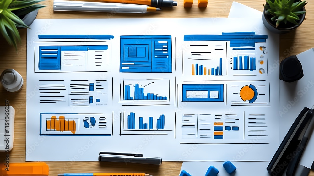 Poster hand drawn website layout with charts and graphs