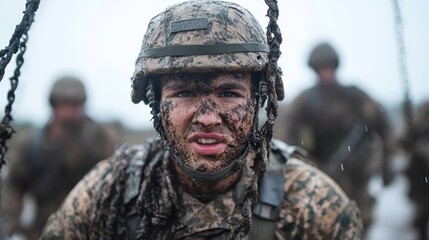 A mud-covered soldier stares ahead as he tackles an obstacle in a training course, embodying resilience and strength in challenging military conditions.