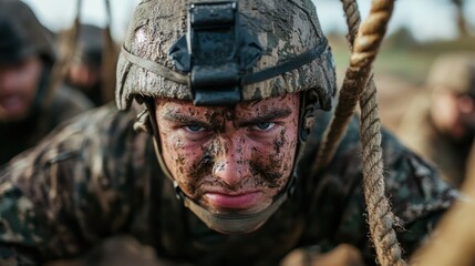 A soldier showing resilience and determination while crawling through ropes in a muddy obstacle course visually portrays the challenges of intense military training.