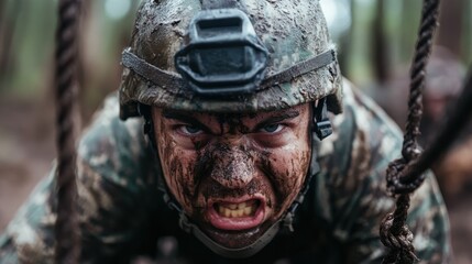 A soldier with a determined expression crawls through a muddy rope obstacle course, showcasing his tenacity and strength as part of military training exercises.