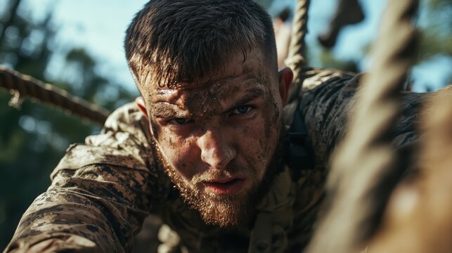 A focused soldier in camo gear climbs ropes in an outdoor obstacle course, his face covered in mud, eyes locked on his target, showcasing determination and resilience.