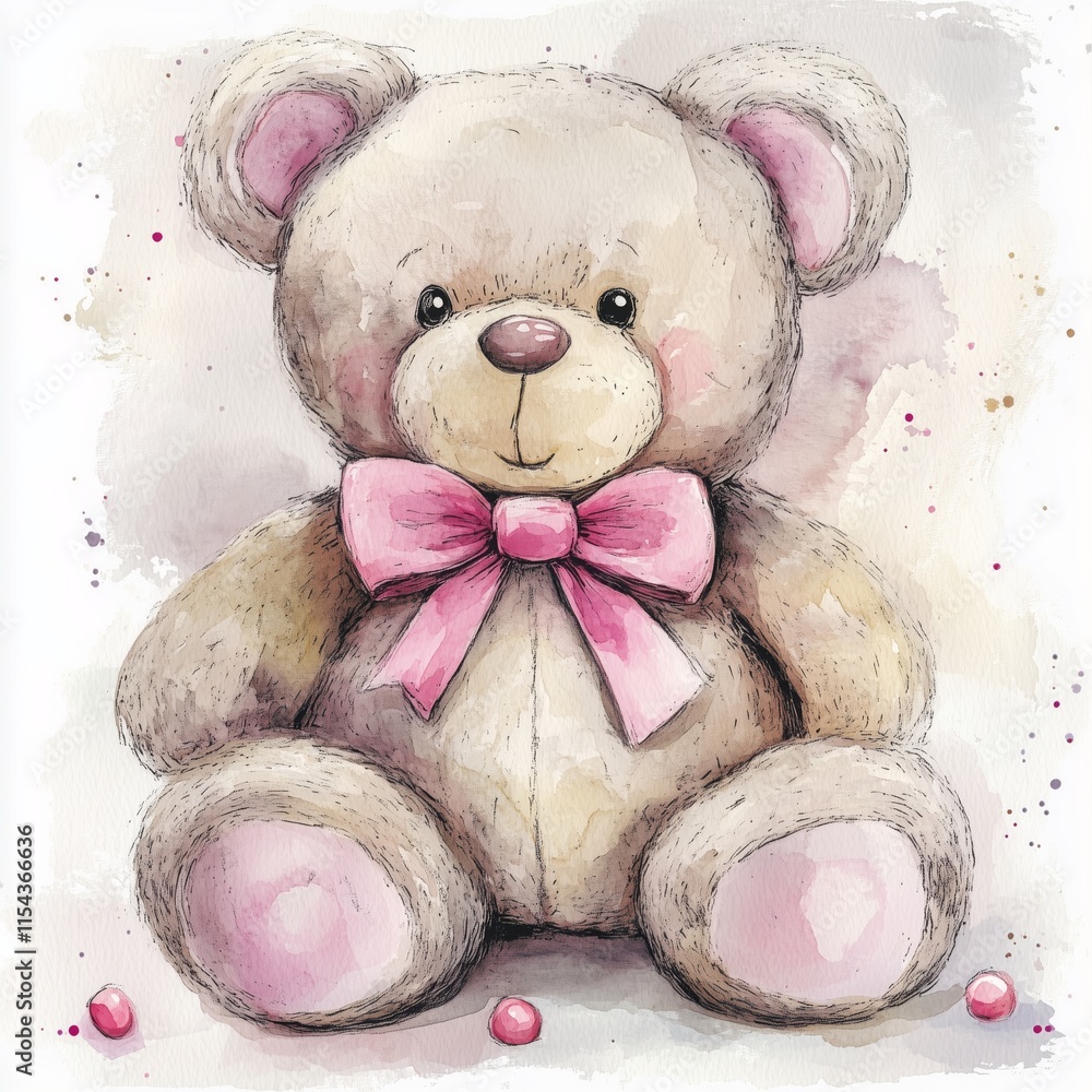 Wall mural whimsical watercolor illustration of soft teddy bear with pink bow, evoking feelings of warmth and nostalgia. Perfect for children decor or gifts 