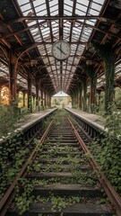 4K Abandoned Train Station Wallpaper - Overgrown Tracks and Platforms with Clock