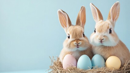 Obraz premium Two charming rabbits are nestled in a cozy nest of pastel Easter eggs and fragrant hay, joyfully celebrating the vibrant holiday of Easter filled with happiness and cheerful moments