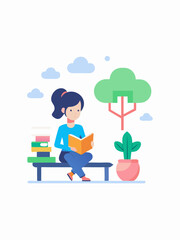 Girl Sitting and Reading a Book Surrounded by Books and Trees