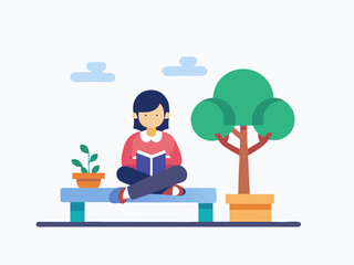 Girl Sitting and Reading a Book Surrounded by Books and Trees