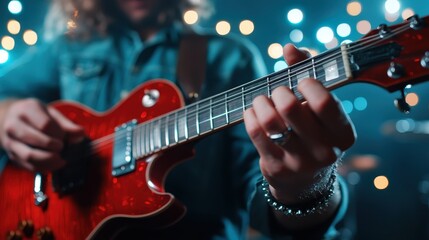 Obraz premium A musician passionately plays a vibrant red guitar on stage, lights softly blurred in the background, capturing the energy and emotion of live music performance.