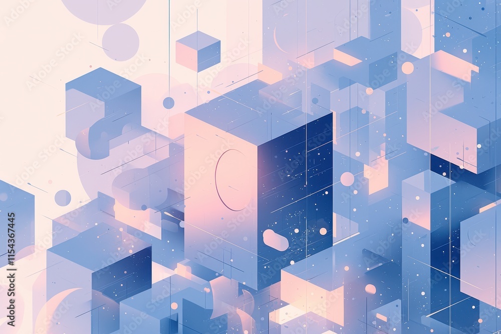 Poster abstract geometric composition with soft pastel colors and floating shapes.