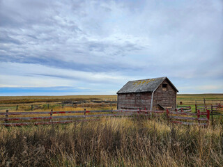 Rural scene of an abandoned wooden shed, wooden fence and tall dry grass with clouds in the sky.