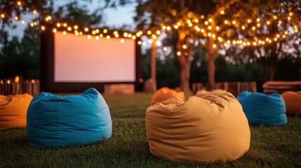 An enchanting outdoor movie setup with colorful bean bags and bright string lights surrounding a screen, creating a cozy and inviting evening atmosphere.